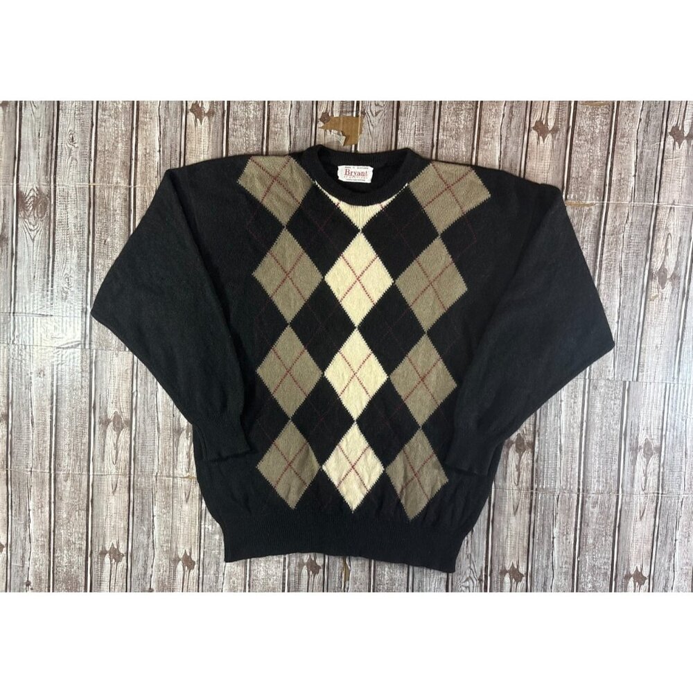 Bryant 100% Cashmere Argyle crew Neck sweater size 46 L US Black made Scotland